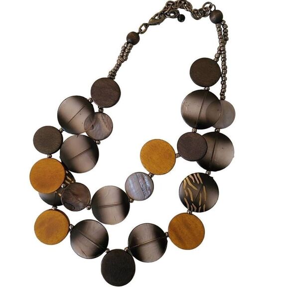 Double Strand Earthtone Disc and Wood Statement Necklace - Picture 1 of 7
